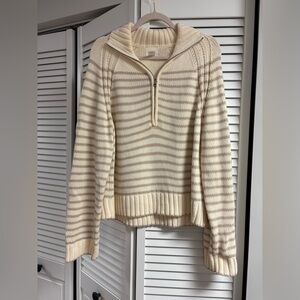 Cream Striped Quarter Zip Sweater